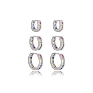 Brinco de trio com zirconia rainbow banho em rodio branco