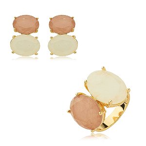 Conjunto de brinco e anel com pedra fusion banho em ouro 18k