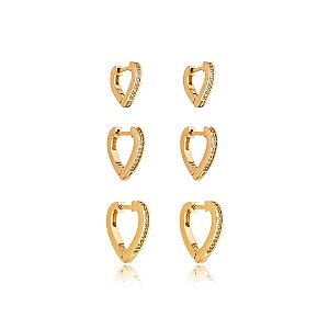 Brinco de trio de coração com zirconia cristal banho em ouro 18k