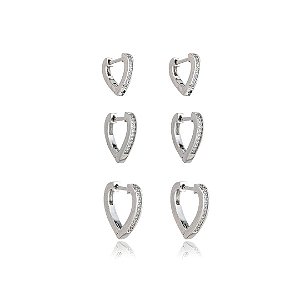Brinco de trio de coração com zirconia cristal banho em rodio branco