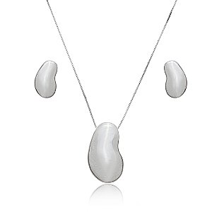 Conjunto de brinco e colar liso banho em rodio branco