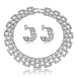 Conjunto de brinco e colar liso banho em rodio branco