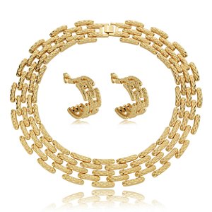 Conjunto de brinco e colar liso banho em ouro 18k