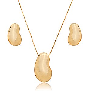 Conjunto de brinco e colar liso banho em ouro 18k