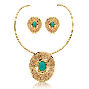 Conjunto de brinco e colar com palha artesanal banho em ouro 18k