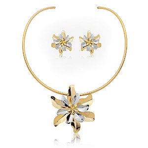 Conjunto de brinco e colar de flor liso banho duplo