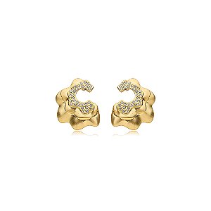 Brinco liso acetinado cravejado de zirconia cristal banho em ouro 18k