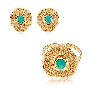 Conjunto de brinco e bracelete de palha artesanal esmaltado banho em ouro 18k