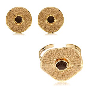 Conjunto de brinco e bracelete de palha artesanal esmaltado banho em ouro 18k