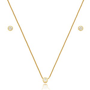 Conjunto de brinco e colar cravejado de zirconia cristal banho em ouro 18k