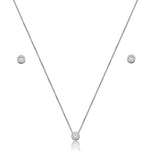 Conjunto de brinco e colar cravejado de zirconia cristal banho em rodio branco