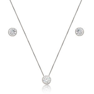 Conjunto de brinco e colar cravejado de zirconia cristal banho em rodio branco