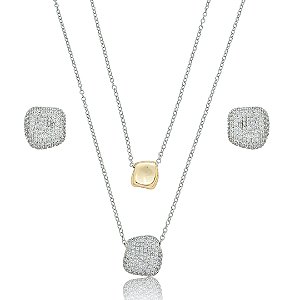 Conjunto de brinco e colar cravejado de zirconia cristal banho em rodio branco