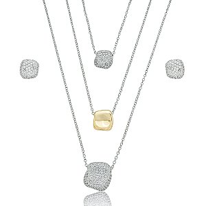 Conjunto de brinco e colar cravejado de zirconia cristal banho em rodio branco