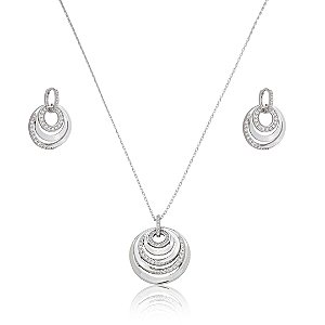 Conjunto de brinco e colar cravejado de zirconia cristal banho em rodio branco