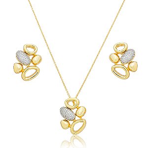 Conjunto de brinco e colar cravejado de zirconia cristal banho em ouro 18k