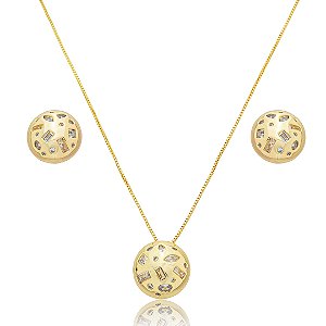 Conjunto de brinco e colar cravejado de zirconia cristal banho em ouro 18k