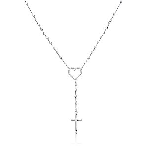 Colar com pingente de coração e cruz banho em rodio branco