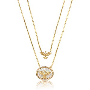 Colar espirito santo cravejado de zirconia cristal banho em ouro 18k