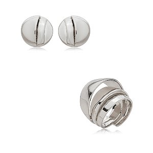 Conjunto de brinco e anel liso banho em rodio branco