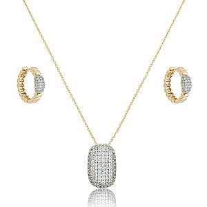Conjunto de brinco e colar com zirconia cristal banho em ouro 18k