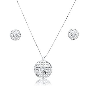 Conjunto de brinco e colar com zirconia cristal banho em rodio branco
