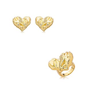 Conjunto de brinco e anel de coração com zirconia cristal banho em ouro 18k