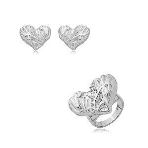 Conjunto de brinco e anel de coração com zirconia cristal banho em rodio branco