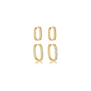 Dupla de argolas cravejada de zirconia cristal banho em ouro 18k