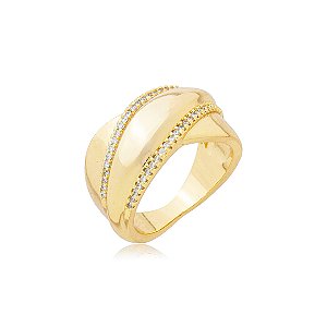 Anel cravejado de zirconia cristal banho em ouro 18k