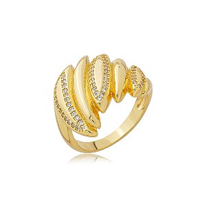 Anel cravejado de zirconia cristal banho em ouro 18k