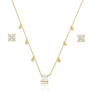 Conjunto de brinco e colar com zirconia cristal banho em ouro 18k