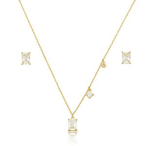 Conjunto de brinco e colar com zirconia cristal banho em ouro 18k