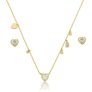 Conjunto de brinco e colar de coração com zirconia cristal banho em ouro 18k