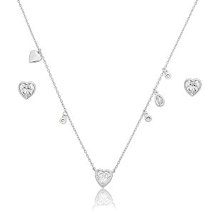Conjunto de brinco e colar de coração com zirconia cristal banho em rodio branco