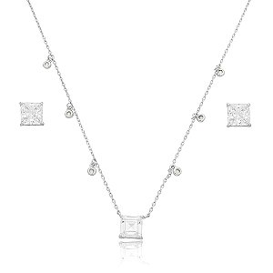 Conjunto de brinco e colar com zirconia cristal banho em rodio branco