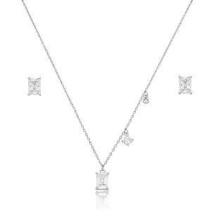 Conjunto de brinco e colar com zirconia cristal banho em rodio branco
