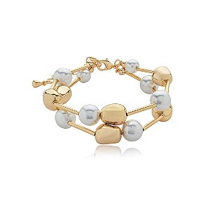 Pulseira dupla de pérola lisa banho em ouro 18k