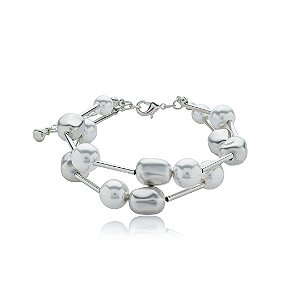 Pulseira dupla de pérola acetinado banho em ródio branco