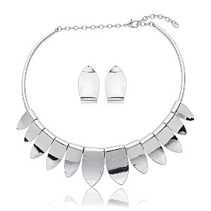 Conjunto de brinco e colar liso banho ródio branco
