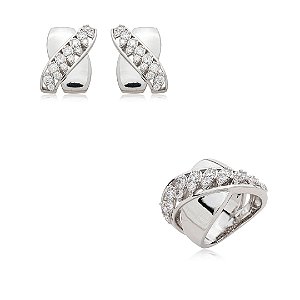 Conjunto de brinco e anel cravejado de zircônia cristal banho em ródio branco