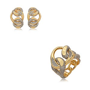 Conjunto de brinco e anel cravejado de zircônia cristal banho em ouro 18k