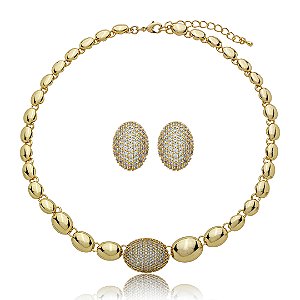 Conjunto de brinco e colar com zircônia cristal banho em ouro 18k