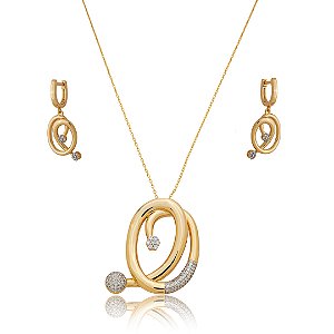 Conjunto de brinco e colar cravejado de zircônia cristal com caneta de ródio banho em ouro 18k