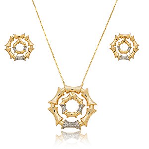 Conjunto de brinco e colar cravejado de zircônia cristal com caneta de ródio banho em ouro 18k