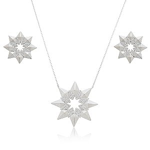 Conjunto de brinco e colar cravejado de zircônia cristal banho em ródio branco
