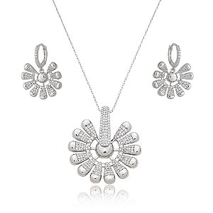 Conjunto de brinco e colar cravejado de zircônia cristal banho em ródio branco