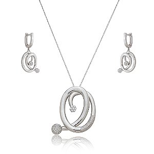 Conjunto de brinco e colar cravejado de zircônia cristal banho em ródio branco