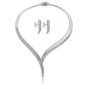 Conjunto de brinco e colar escovado cravejado de zircônia cristal banho em ródio branco