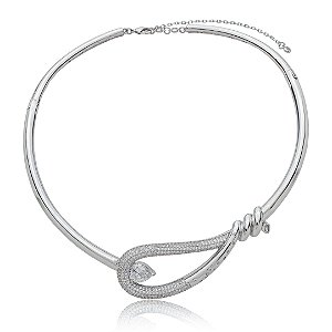 Colar de aro cravejado de zircônia cristal banho em ródio branco